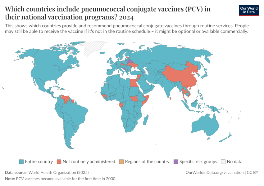 A thumbnail of the "Which countries include pneumococcal conjugate vaccines (PCV) in their national vaccination programs?" chart